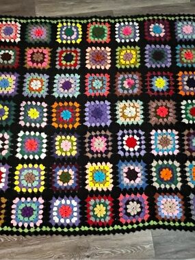 Vintage Granny Square Crochet Blanket Afghan Retro Boho Chic Black Multi Color